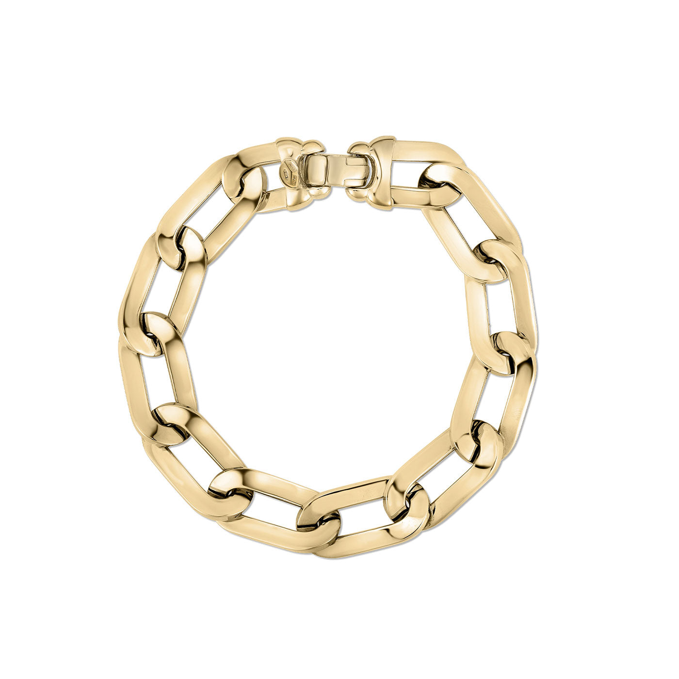 The Roberto Coin 18K Yellow Gold Paperclip Link Bracelet boasts large, oval links and a clasp closure, showcasing timeless elegance that is characteristic of Roberto Coin's signature style. The bracelet is displayed on a white background.