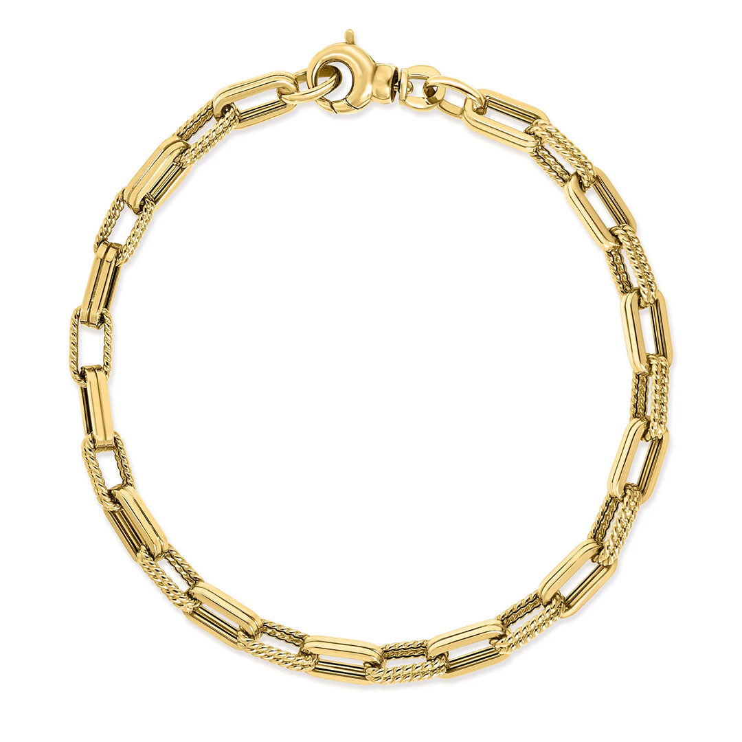 The Roberto Coin Designer Gold 18K Yellow Gold Alternating Rectangular Link Chain Bracelet by Roberto Coin showcases a stunning combination of textured and smooth elongated rectangular links, secured with a round spring clasp and elegantly presented on a white background—an eye-catching piece to elevate any jewelry collection.