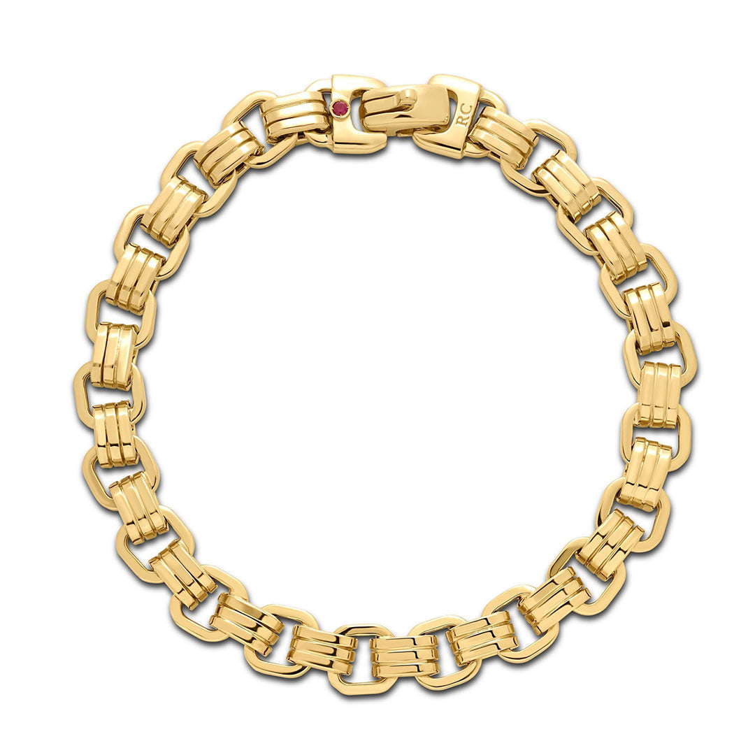 The Roberto Coin Designer Gold 18K Yellow Gold Rectangular Link Chain Bracelet by Roberto Coin is crafted in radiant 18K yellow gold with interlocking rectangular links, featuring a clasp accented with a subtle touch of red. Its bold, polished design exudes elegance.