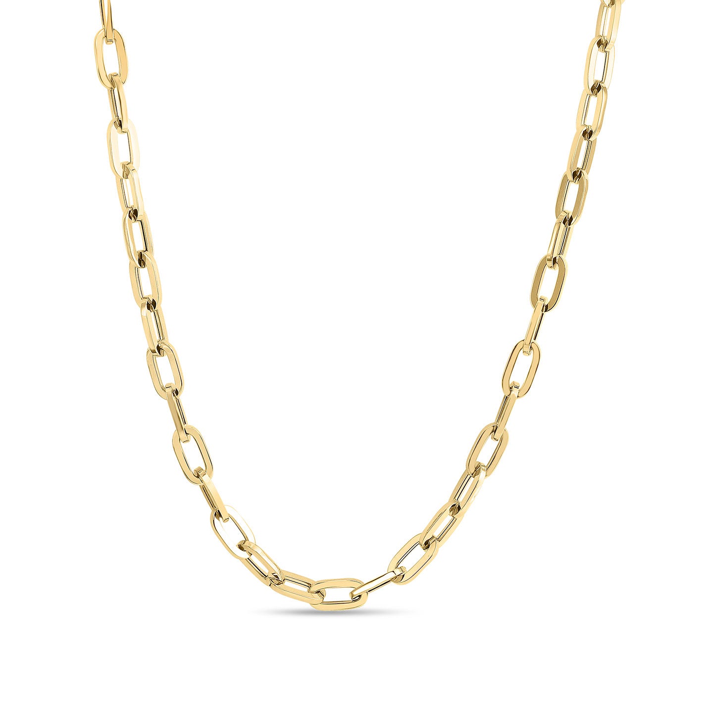 The Roberto Coin Classic Oro 18K Yellow Gold Link Chain Collar Necklace features elongated rectangular links that are evenly spaced, crafted with exquisite detail from 18k yellow gold. Displayed against a plain white background, this necklace embodies timeless elegance.