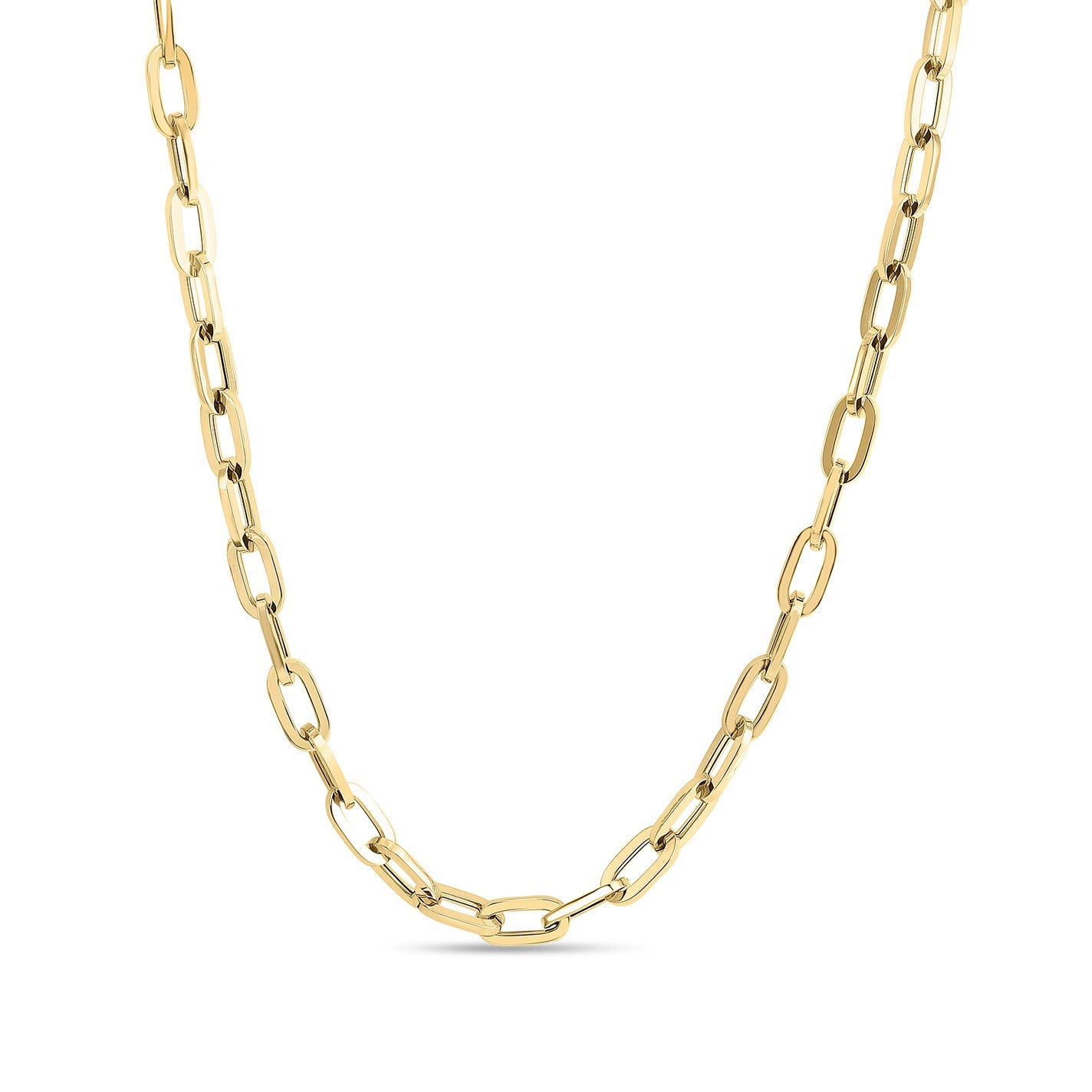 A detailed view of the Roberto Coin Designer 18K Yellow Gold Heavy Gauge Paper Clip Link Chain Necklace displays its lustrous and refined design. Set against a simple white background, the piece highlights the exquisite craftsmanship that is characteristic of Roberto Coin jewelry.