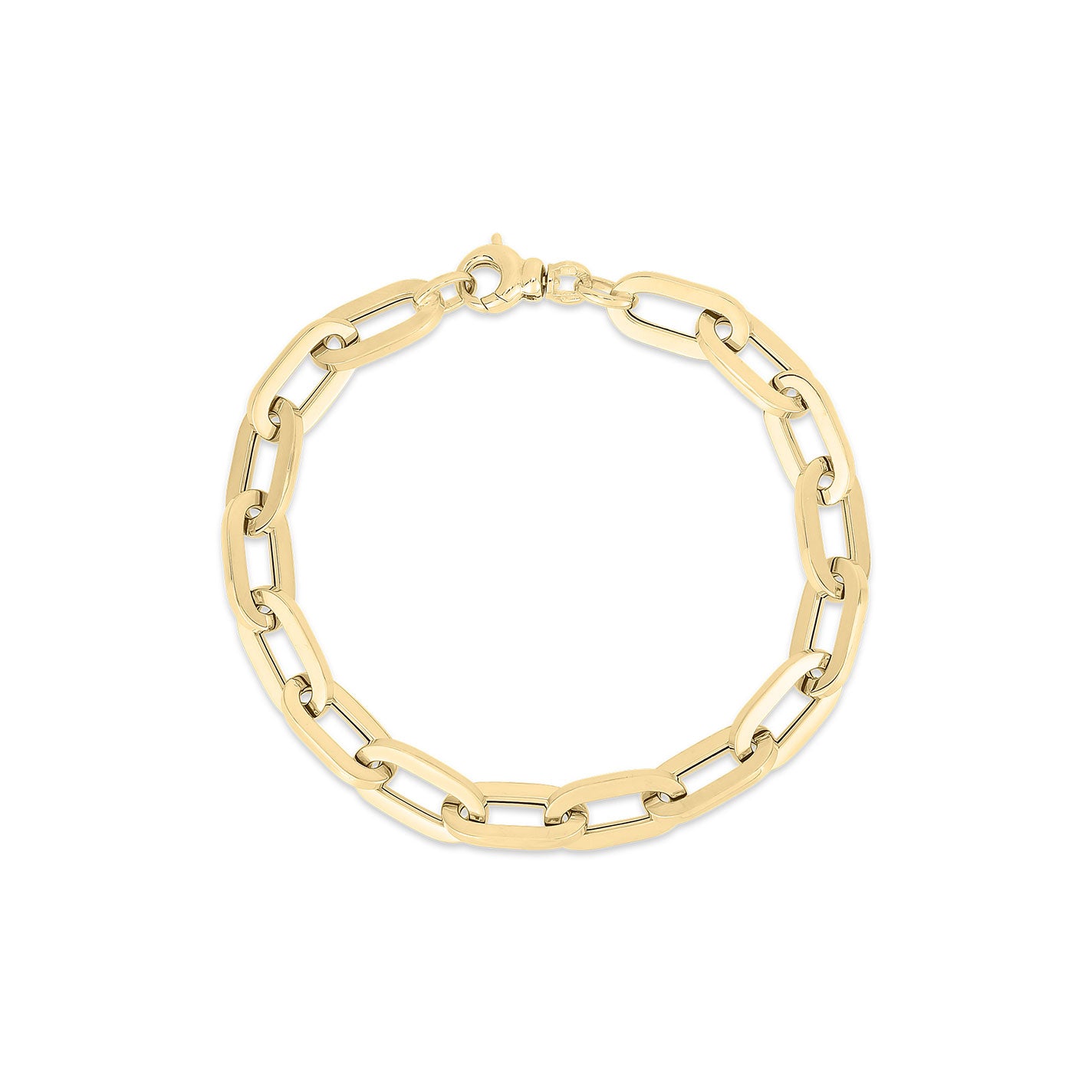 The Roberto Coin Designer 18K Yellow Gold Heavy Gauge Paper Clip Link Chain Bracelet, presented by Roberto Coin, boasts elongated oval links and a secure lobster clasp closure, elegantly displayed on a plain white background.