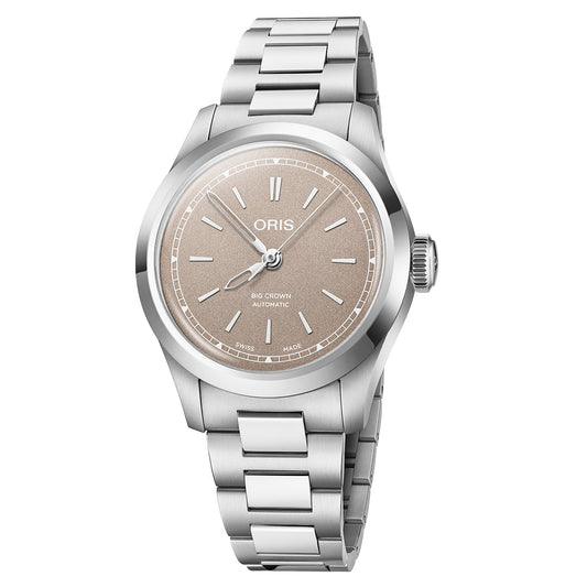 The Oris Big Crown Calibre 531 Automatic Winding 34mm Watch by ORIS features a silver design with a round beige dial, stick hour markers, and a minute track. "Big Crown Automatic" is displayed on its face, and it includes a Swiss Made stainless steel bracelet with the crown on the right side.