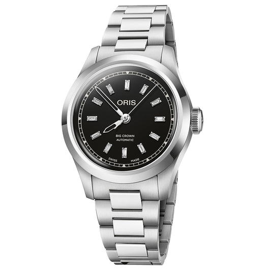 This Oris Big Crown Calibre 531 Automatic 34mm watch showcases a black dial with luminous hands, baton hour markers, and the "Oris" name, featuring "Big Crown Automatic." Crafted with a stainless steel link band for elegance and clarity.