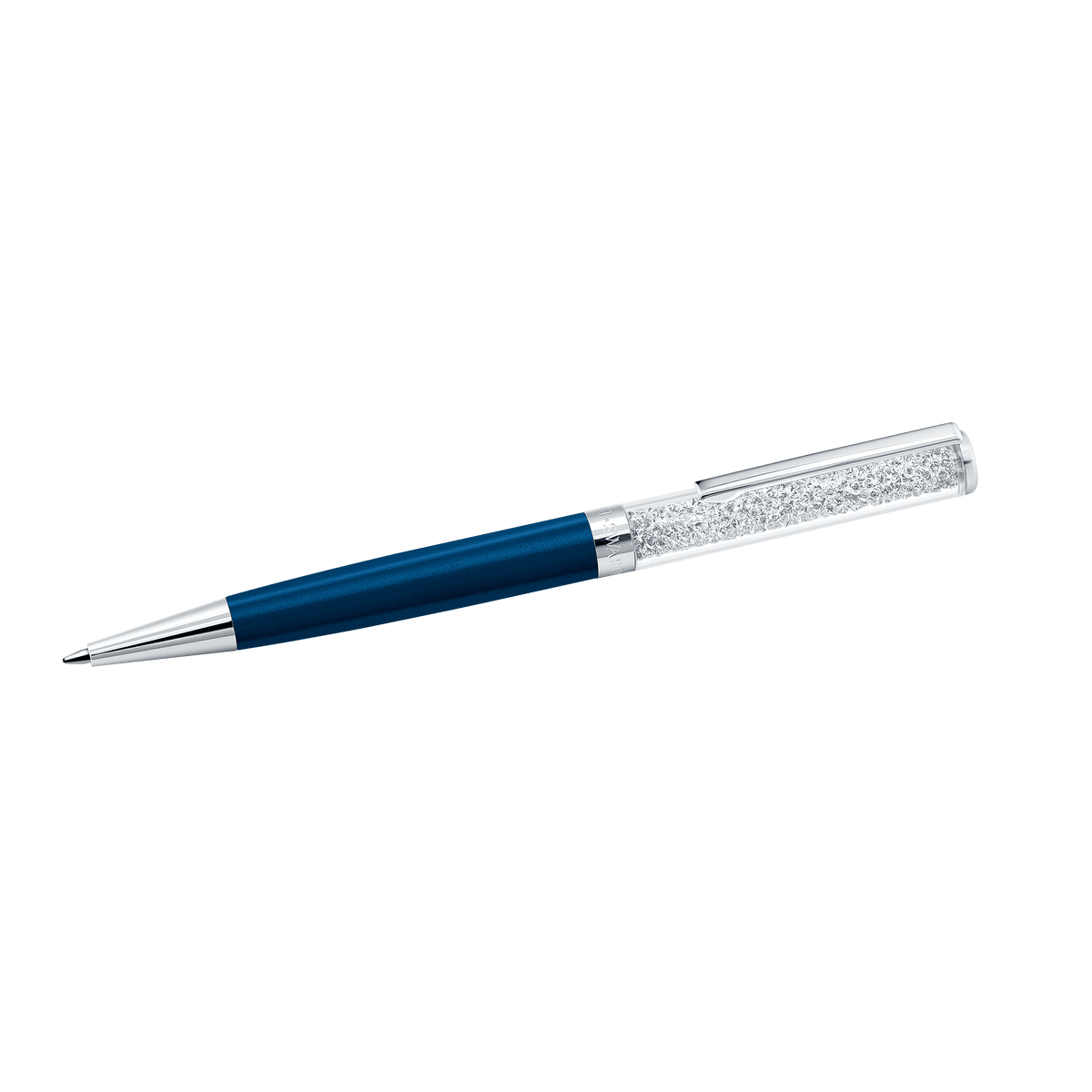 A Swarovski Crystalline ballpoint pen, featuring blue lacquered and chrome-plated accents, with a shiny metallic tip and a cap filled with clear crystals for signature Swarovski elegance, showcased on a plain white background.