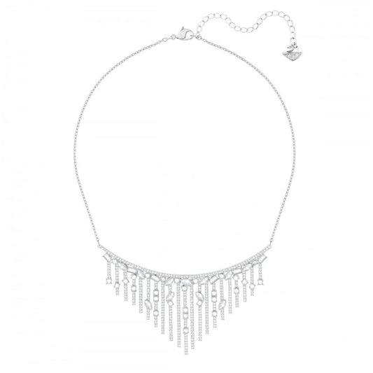 The Swarovski Henrietta Necklace is a graceful silver piece with a complex design, showcasing hanging pendants of varying lengths adorned with sparkling stones. This elegant accessory features an adjustable chain and includes a delightful decorative detail at the end.