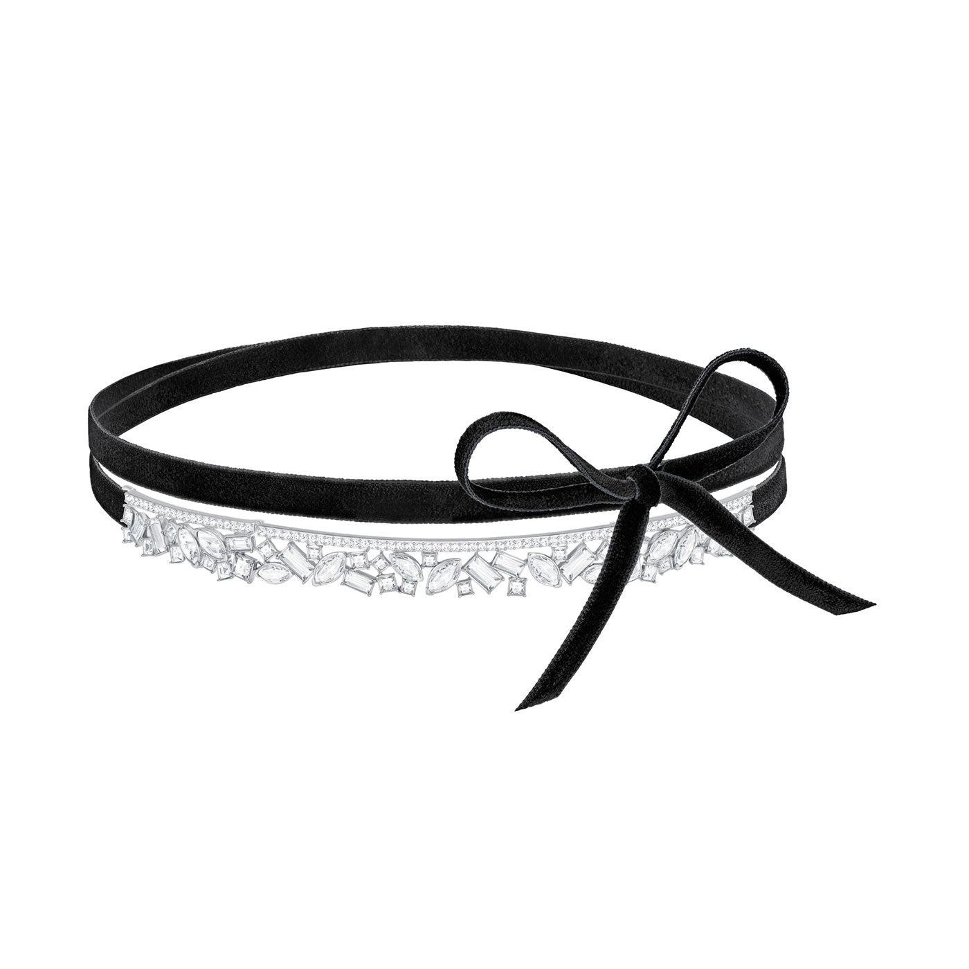The Swarovski Henrietta Choker Necklace, crafted by Swarovski, is a black velvet choker adorned with a decorative bow and shimmering crystal accents along the front, adding a touch of elegance.