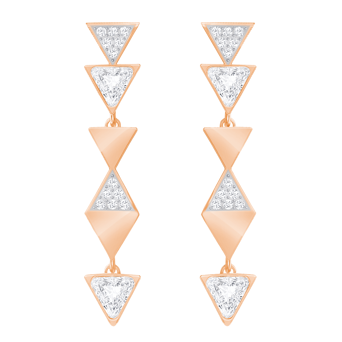 Introducing the Swarovski Heroism Long Earrings CRY/ROS: these elegant gold drop earrings from Swarovski feature alternating solid and diamond-studded triangles, crafted in a geometric modern design. Perfect for adding a sophisticated touch to any look, exclusively from Swarovski Canada.