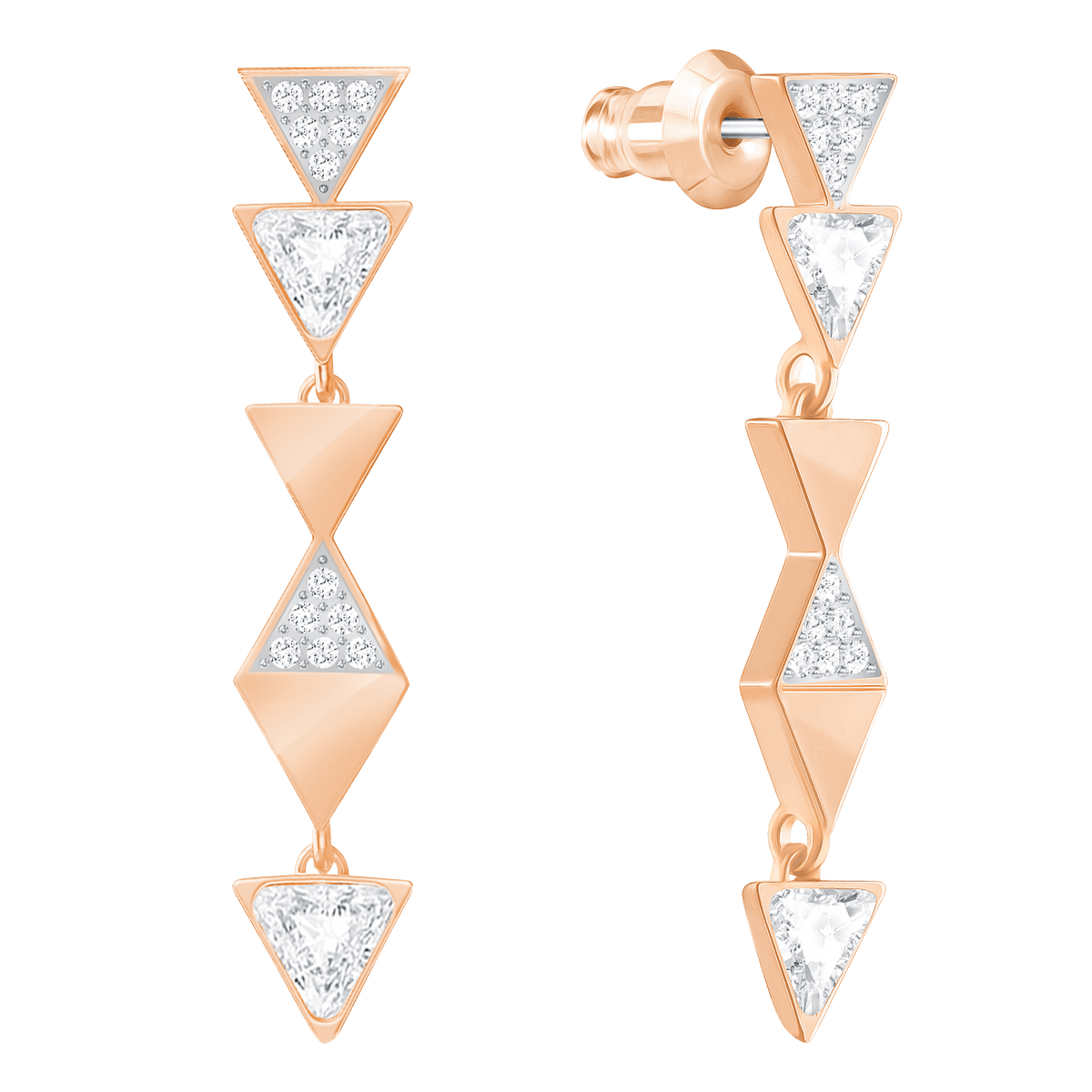 Introducing the Swarovski Heroism Long Earrings CRY/ROS by Swarovski—gold drop earrings featuring alternating solid and crystal-studded triangle shapes for a geometric, modern design inspired by the brand’s signature style. Ideal for those seeking elegant, long earrings with contemporary flair, now available through Swarovski Canada.