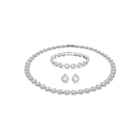 The Swarovski Angelic Jewellery Set is a stunning bridal accessory collection that includes a diamond necklace, a matching bracelet, and teardrop earrings. Each piece showcases round-cut stones in a symmetrical design, beautifully enhanced by rhodium plating on a pristine white background.