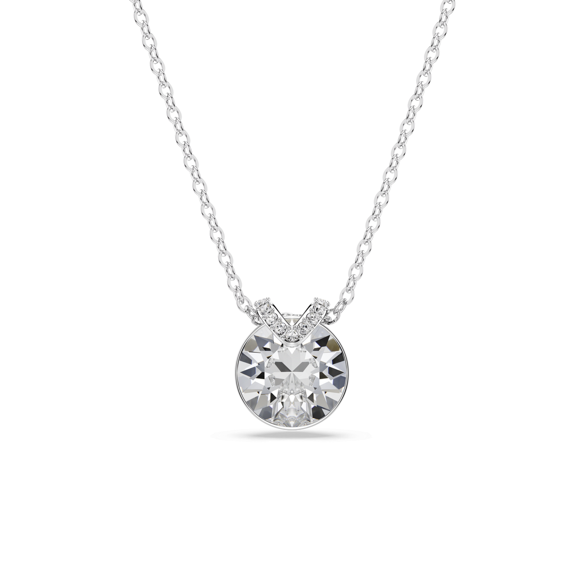 The Swarovski BELLA PENDANT by Swarovski features a single round-cut diamond pendant set in a simple prong setting, creating an exquisite silver chain necklace that sparkles effortlessly against a clean white background.