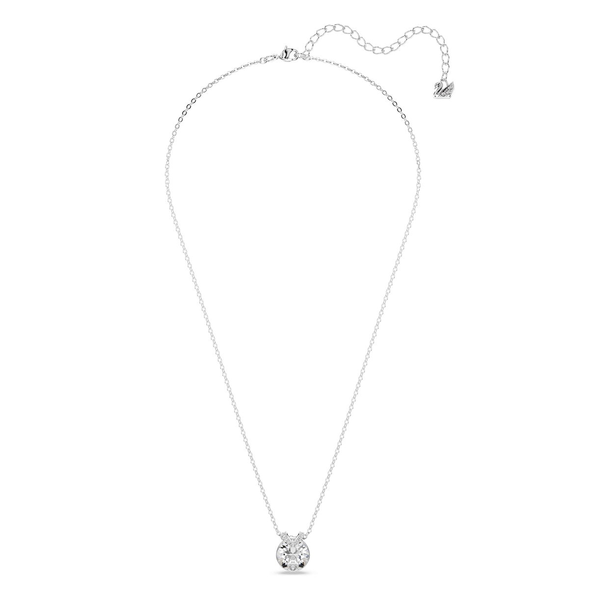 The Swarovski BELLA PENDANT from Swarovski features a delicate silver-toned chain and a central, round clear gemstone pendant. Available at Raffi Jewellers, this necklace includes an adjustable clasp and extension chain for a customizable fit.