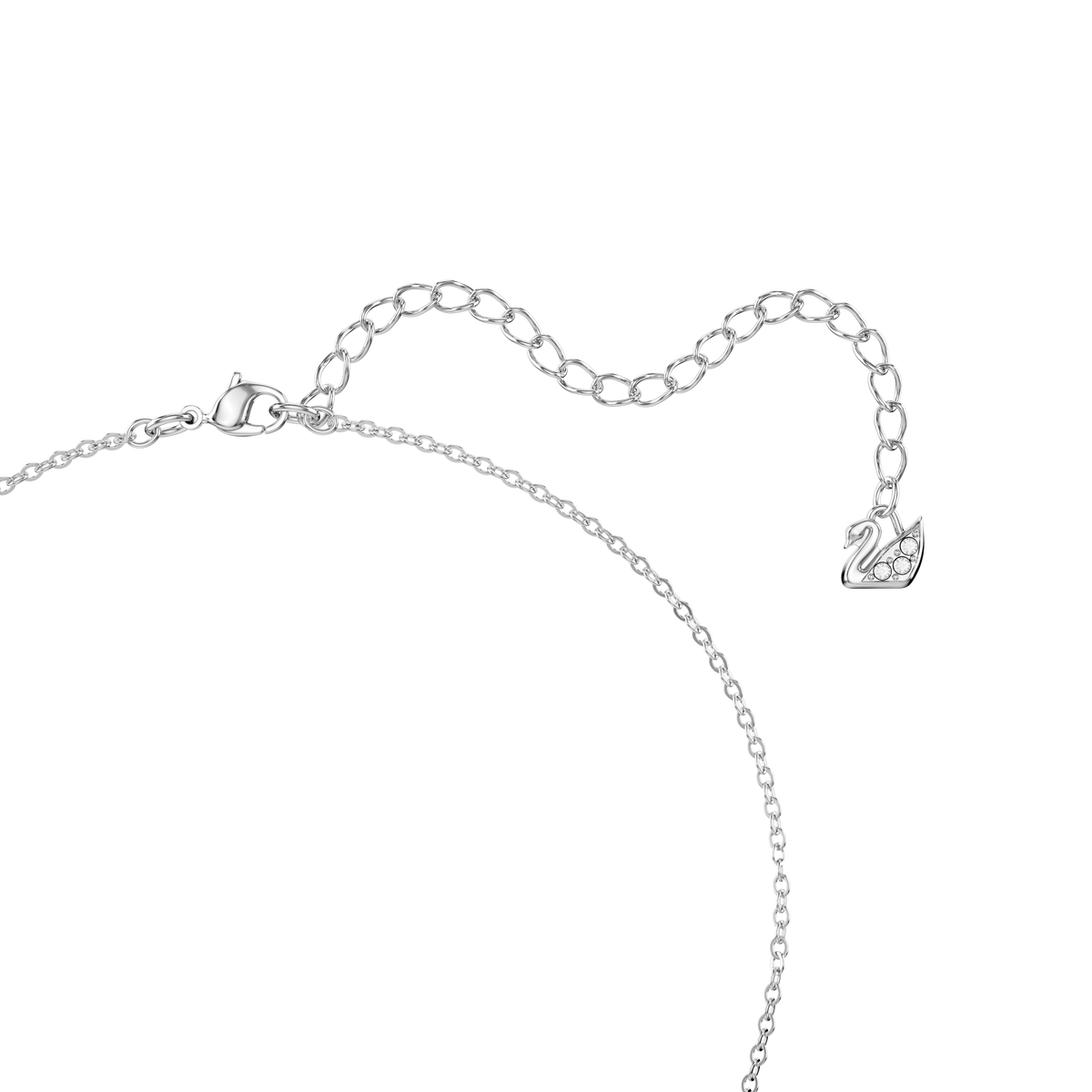A refined Swarovski BELLA PENDANT necklace by Swarovski, featuring a delicate silver-tone chain with an adjustable clasp and a petite swan-shaped charm embellished with sparkling crystals at the end of the extender, echoing the timeless elegance of Swarovski designs. Available at Raffi Jewellers.