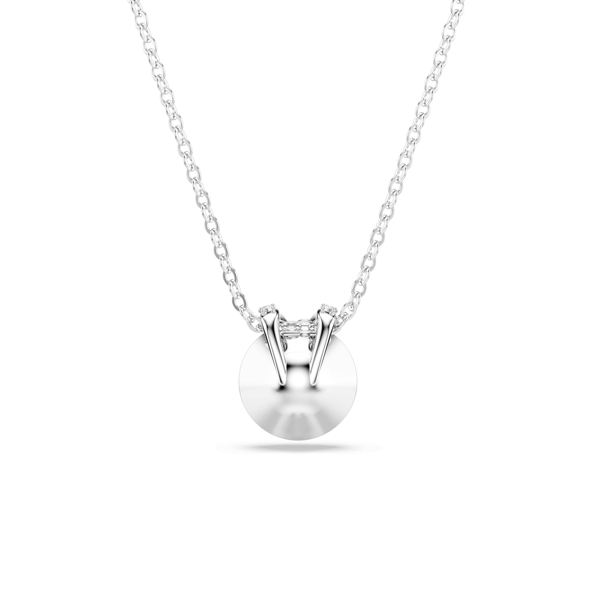 A refined Swarovski BELLA PENDANT, showcasing a delicate silver chain and a round, polished pendant adorned with a single small baguette-cut gemstone secured by four prongs—perfectly capturing the signature elegance of Swarovski, available at Raffi Jewellers.
