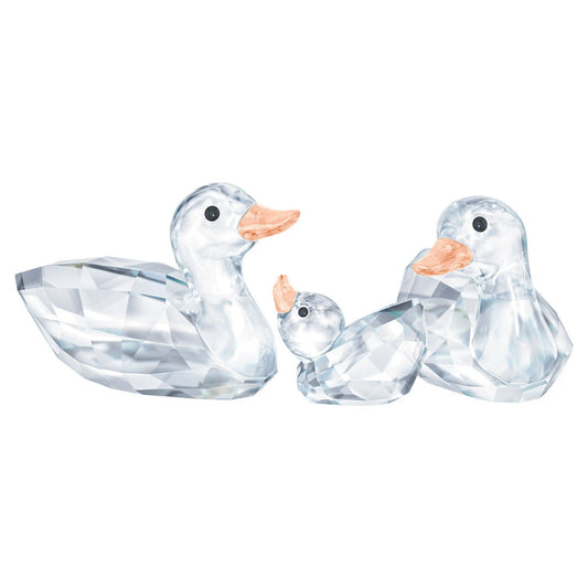 The Swarovski Peaceful Countryside Duck Family Home Décor features a trio of crystal ducks that beautifully represent a duck family amidst serene countryside scenery. With two larger ducks surrounding a smaller duckling at the center, their expertly cut facets and orange beaks create a dazzling display, making them an ideal decorative gift.