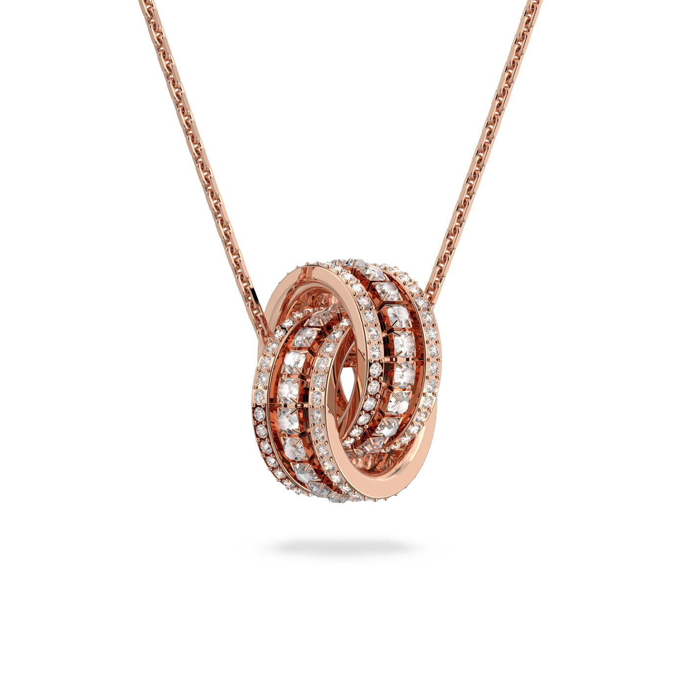 Adorn yourself with the Swarovski Interlocking Loop Pave Further Necklace Pendant, an elegant rose gold-plated piece from Swarovski. It features a gorgeous pendant of three interlocking rings adorned with exquisite diamonds and enhanced by a signature Swarovski sparkle. The delicate chain beautifully complements the intricate shimmer of this design.