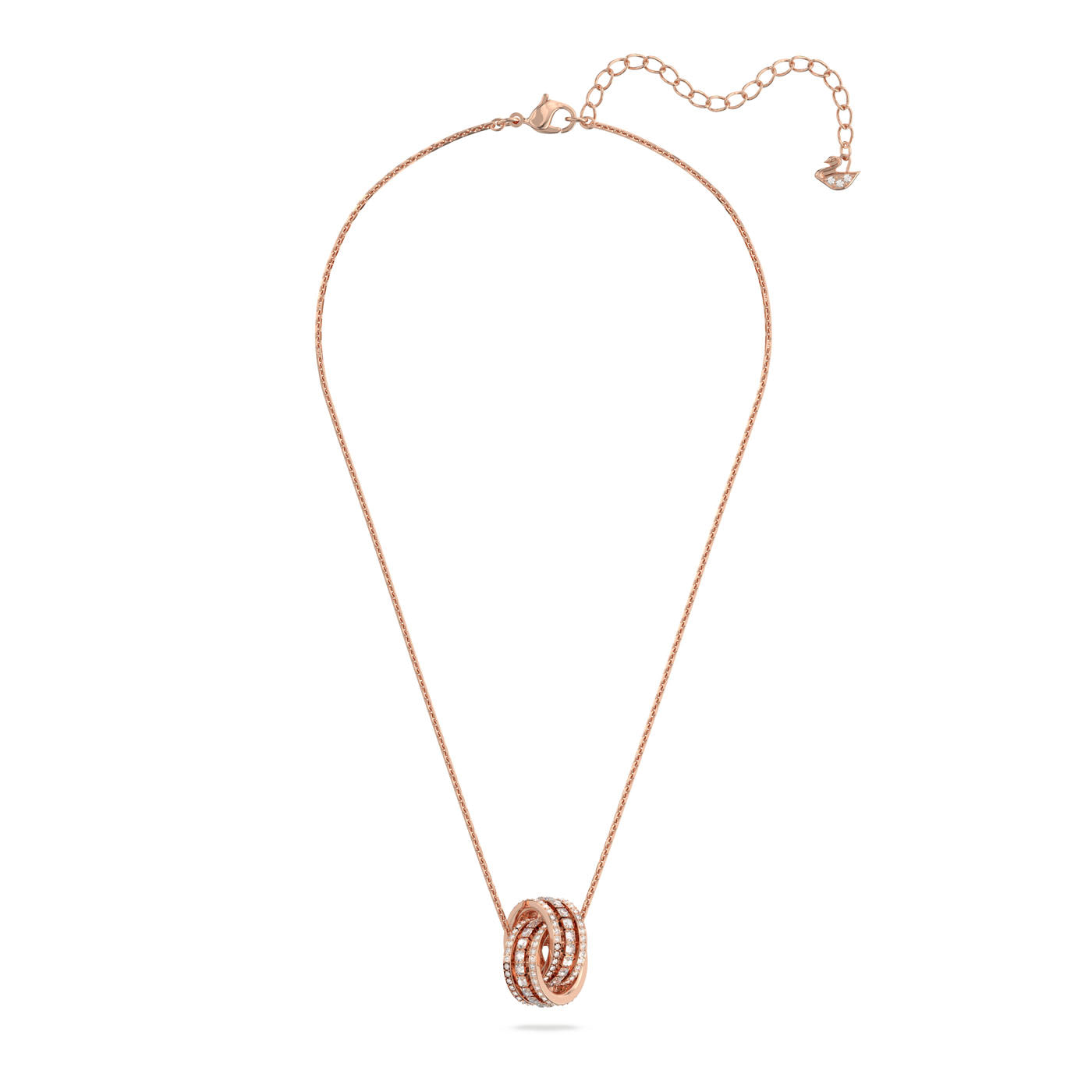 The Swarovski Interlocking Loop Pave Further Necklace Pendant is a delicate rose gold piece, showcasing intertwined rings adorned with clear crystals. This elegant necklace sparkles with the renowned Swarovski brilliance, set against a white background.