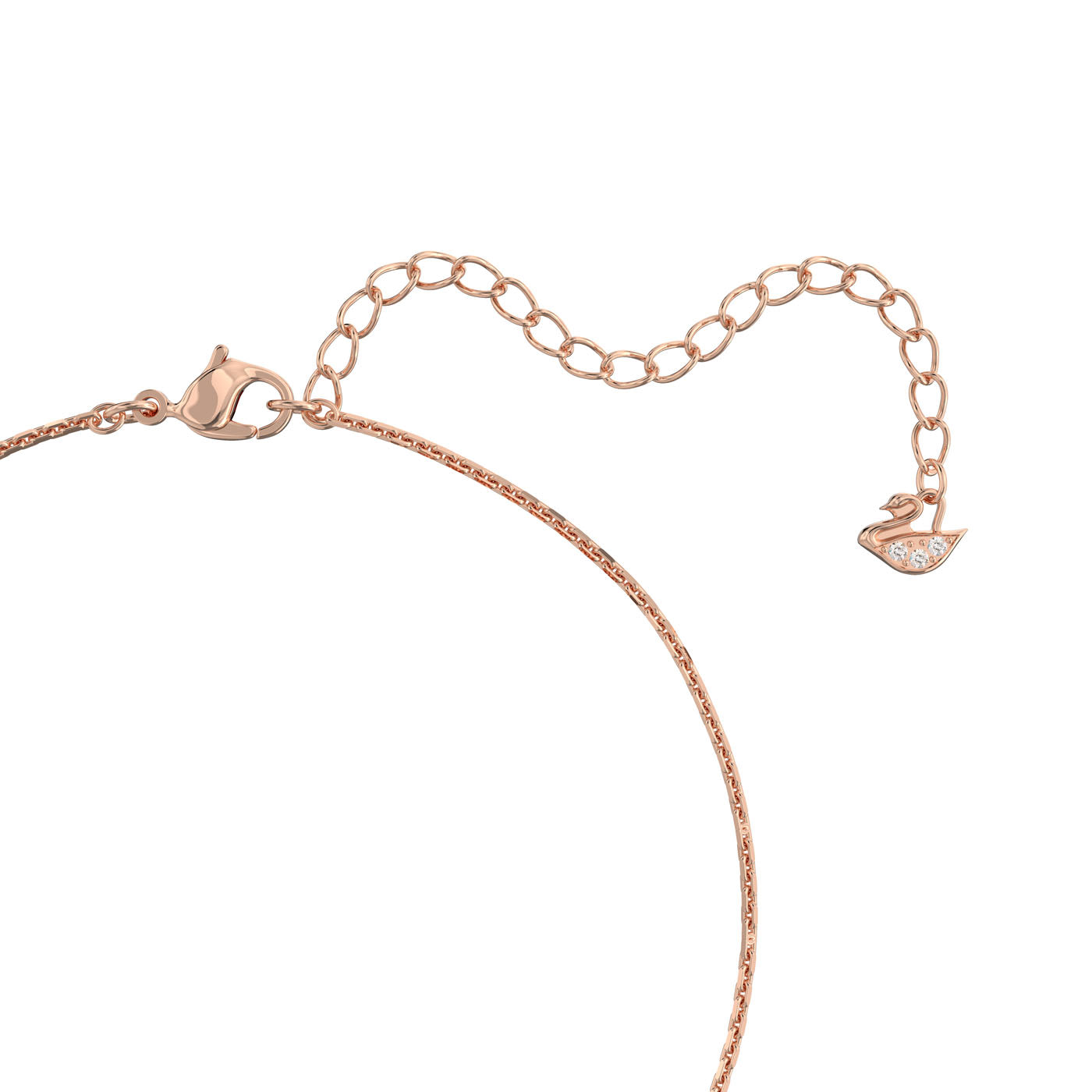 This exquisite piece, the Swarovski Interlocking Loop Pave Further Necklace Pendant, features a delicate rose gold chain with a small bird-shaped charm embellished in Swarovski sparkle at the end of the extender.