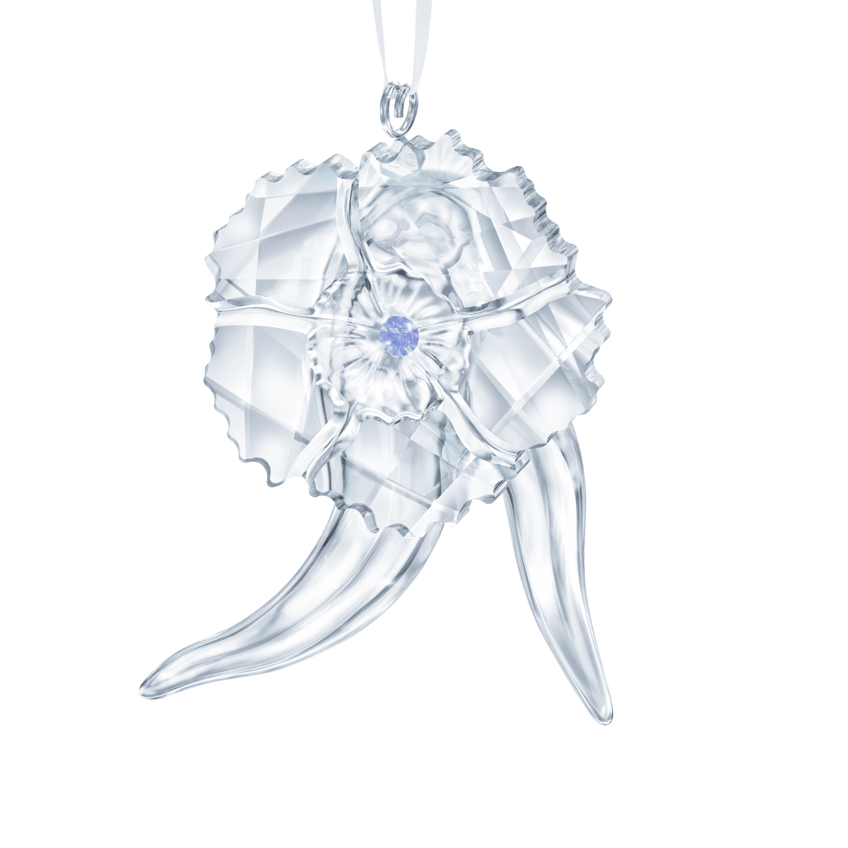 The Swarovski SCS Flower by Swarovski is a clear crystal pendant delicately shaped like an orchid flower with layered petals and two curved leaves, highlighted by a small light purple gemstone at its center. Hanging from a white ribbon, this elegant piece exemplifies the brilliance of Swarovski craftsmanship and is available at Raffi Jewellers in Canada.