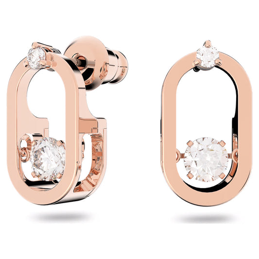 The Swarovski Una Stud Earrings by Swarovski feature a rose gold-plated finish with an oval design showcasing two diamonds each. A small diamond is positioned at the top, complemented by a larger one at the bottom, creating a sparkling effect. With their modern and minimalist style, these dancing crystal earrings enhance any ensemble with elegance.
