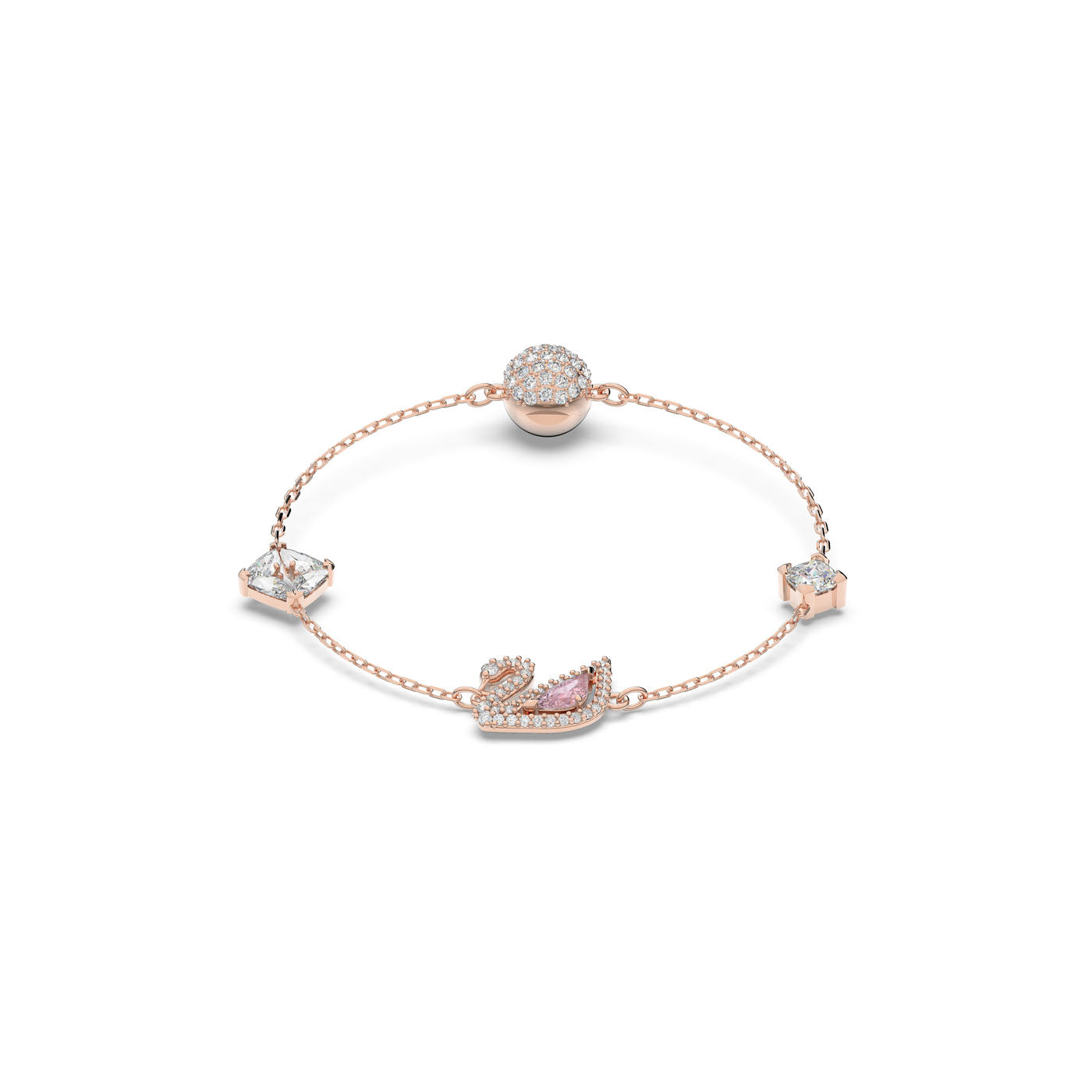 The Swarovski Rose Gold Dazzling Swan Bracelet features a delicate rose gold-plated design adorned with a Swarovski crystal-encrusted swan charm, accompanied by star and diamond-shaped crystals and a sphere of small crystals on a fine chain.