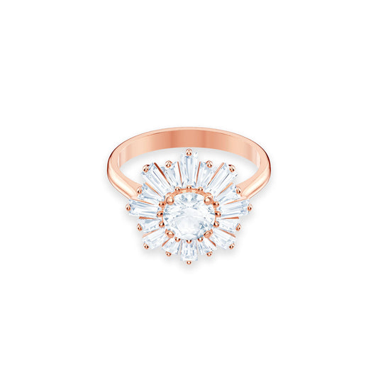 Part of the Sunshine Collection by Swarovski, the stunning rose gold ring, known as the Swarovski Sunshine Mixed Cuts Ring, features a central round diamond surrounded by baguette-cut diamonds in a captivating starburst pattern. Its meticulous craftsmanship and radiant gemstones make it a perfect gift for Mother's Day.
