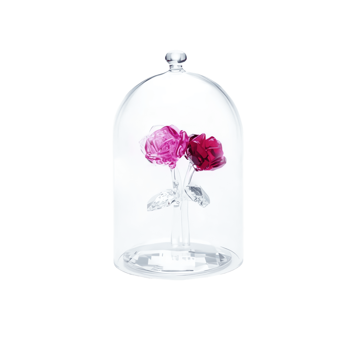Two Swarovski glass roses, one pink and one red, with clear crystal leaves and stems, are showcased beneath a transparent glass dome against a plain white background—a refined romantic gift that embodies the timeless elegance of the Swarovski Rose Bouquet.