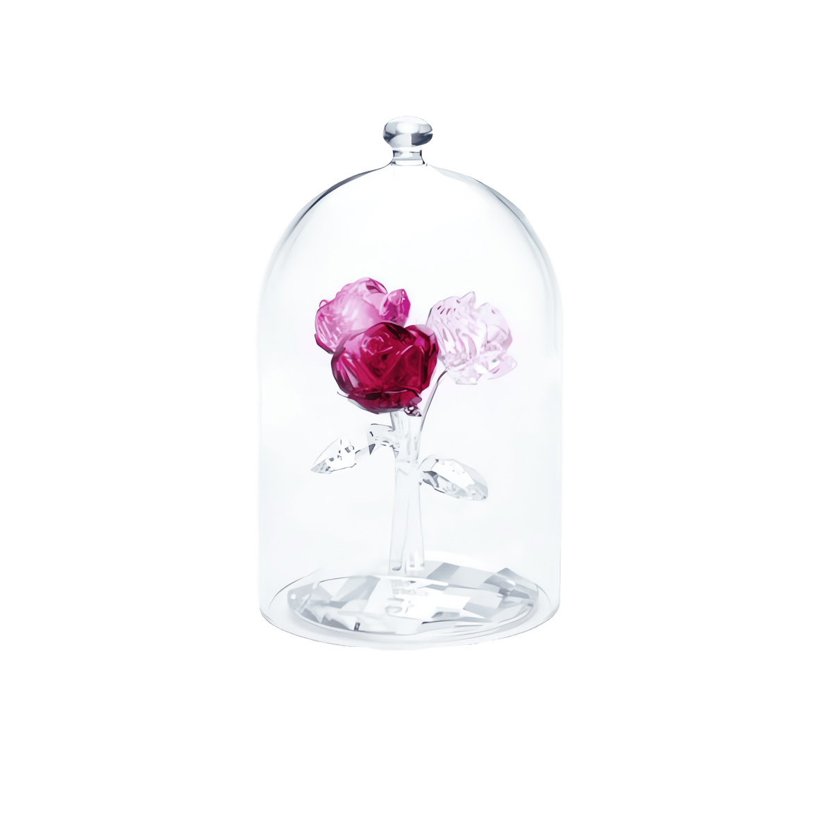 Encased within a glass dome, the Swarovski Rose Bouquet by Swarovski features three crystal roses—one red and two pink—gracefully attached to clear crystal stems and leaves, making an unforgettable romantic gift. The arrangement is strikingly displayed against a plain white background.