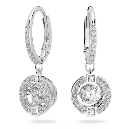 The Swarovski Sparkling Dance Drop Earrings by Swarovski feature large circular center stones and dazzling dancing crystals. Smaller gems embellish the hoop, creating an elegant design ideal for any jewelry collection.