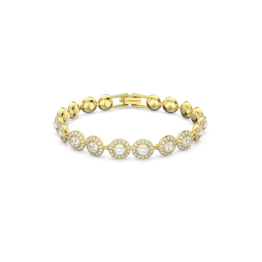 The Swarovski Angelic Bracelet by Swarovski showcases a gold-tone plated design with circular links, each adorned with large clear crystals encircled by sparkling crystal pavé. Its sleek and elegant style stands out beautifully against a plain white background.