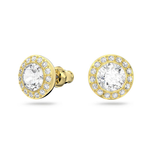 The Swarovski Angelic Stud Yellow Gold Plated Earrings by Swarovski elegantly showcase a large central round diamond encircled by a halo of smaller diamonds, complete with secure screw-back closures.