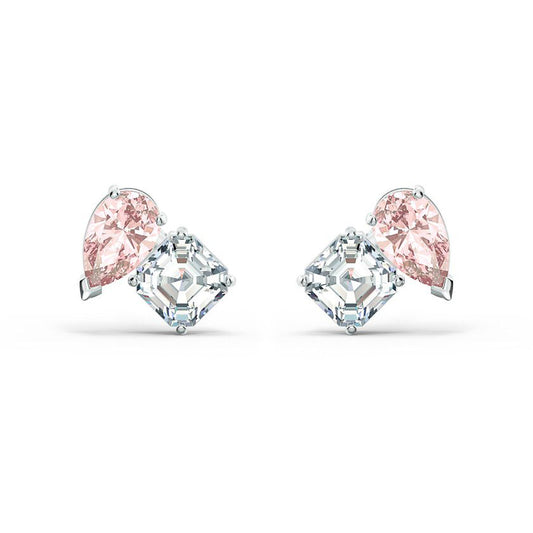 The Swarovski Attract Soul Pierced Earrings by Swarovski feature a stunning combination of a pear-shaped pink gemstone and a square-cut clear stone, all elegantly set in rhodium-plated metal. Perfect for pierced ears, they radiate elegance and sophistication.