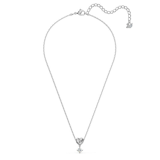 Introducing the Swarovski Lifelong Heart Necklace Pendant, a stunning silver piece designed with a delicate chain and adorned with a rhodium-plated heart-shaped pendant featuring an intricate star-like design. The adjustable clasp features a charming swan charm, making this creation from Swarovski a timeless treasure.