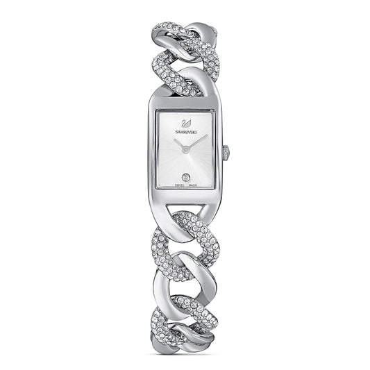Introducing the Swarovski Swiss Made Cocktail Quartz 24.5mm x 16.5mm Watch, this elegant timepiece showcases a silver rectangular face complemented by a chain-link bracelet adorned with sparkling crystals. Its minimalistic design proudly displays the Swarovski logo and features a small round diamond at the bottom, exemplifying both elegance and precision craftsmanship.