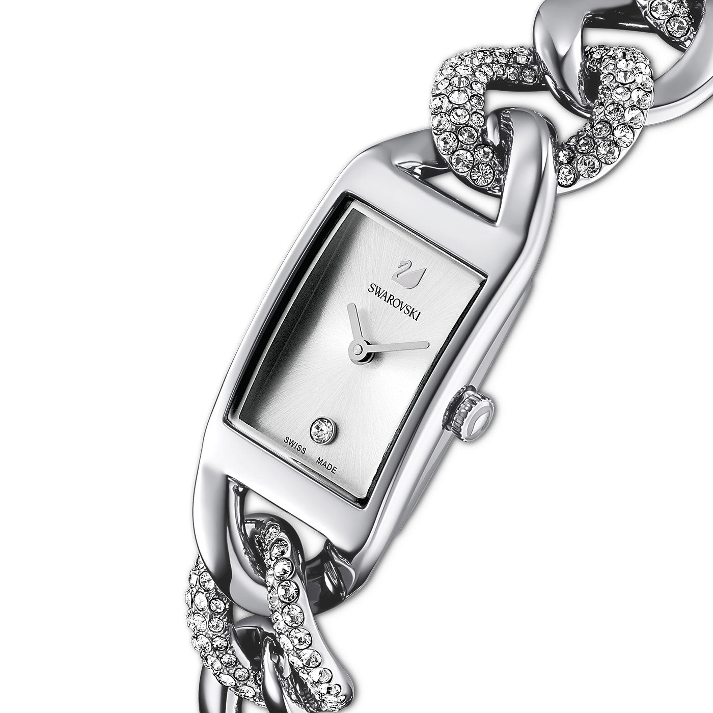 The Swarovski Swiss Made Cocktail Quartz 24.5mm x 16.5mm watch showcases a sleek rectangular face with a minimalist design. Its bracelet, decorated with sparkling crystals, exudes elegance and luxury, while the dial features simple hour and minute hands enhanced by a crystal at the 6 o'clock position.