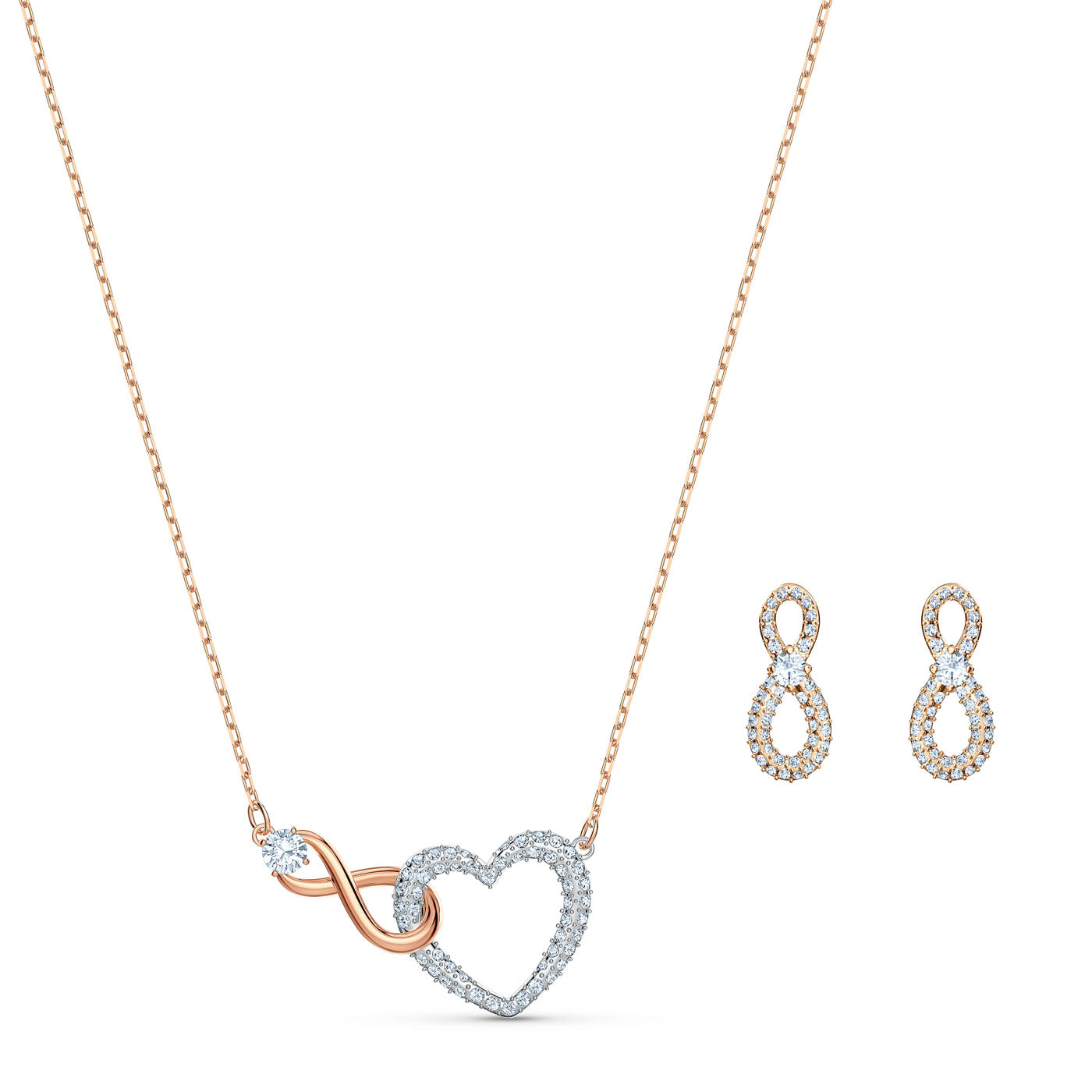 Introducing the Swarovski Infinity Jewellery Set, an exquisite necklace showcasing intertwined heart and infinity symbols embellished with shimmering stones. Paired with matching earrings in a similar design, this set from our Swarovski collection makes the perfect romantic gift.