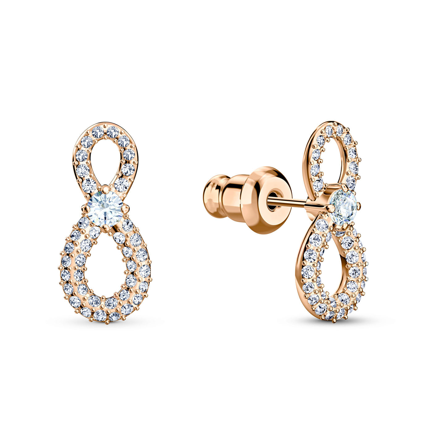 These elegant earrings from the Swarovski Infinity Jewellery Set feature infinity symbols embellished with small, sparkling diamonds and a larger central diamond at the intersection, making them an ideal romantic gift.