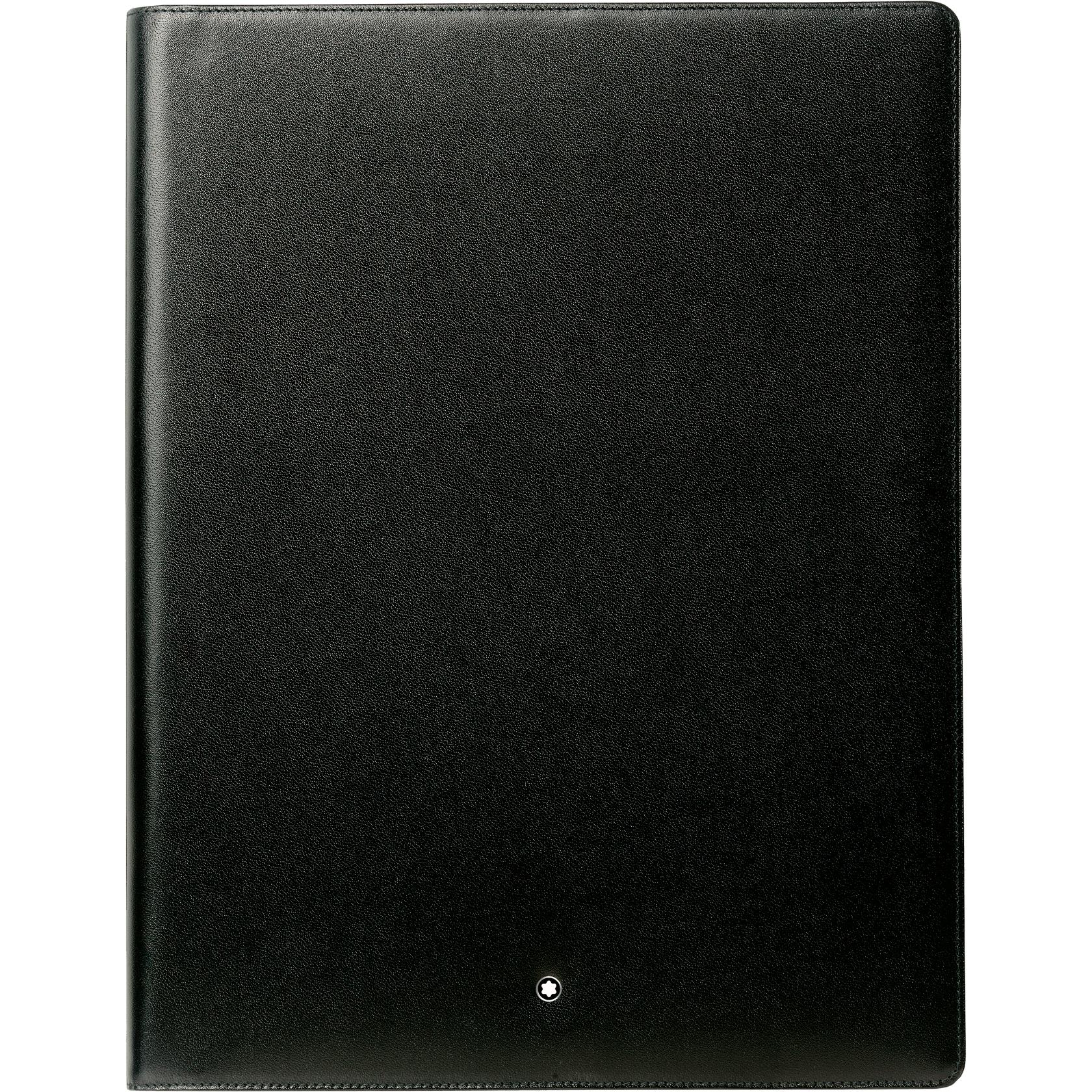 The Montblanc Meisterstück Notepad, crafted from European full-grain cowhide in sleek black leather, features a small circular emblem near the bottom center. It's perfect for organizing essentials with style and sophistication.