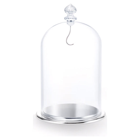 The Swarovski Bell Jar Display Home Décor is a clear glass cloche with a decorative knob resembling a crystal handle on top, featuring a stainless steel hook inside. It is presented against a white background.