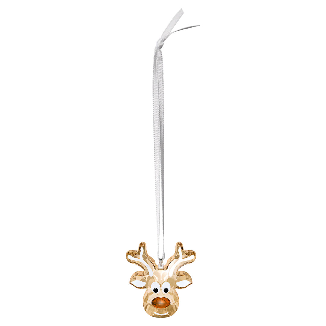 The Swarovski Gingerbread Reindeer Ornament Home Décor, by Swarovski, is designed with googly eyes and a radiant, shiny finish that resembles sparkling crystal. It comes with a white ribbon for easy hanging.