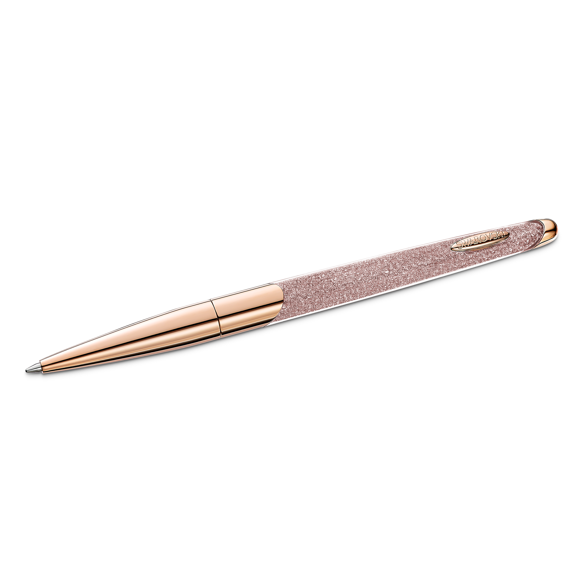 A sophisticated ballpoint pen from Swarovski, featuring a rose gold tone and rose gold-tone plating, with a textured grip against a black background. Its modern and elegant design boasts shiny metallic finishes and is embellished with clear Swarovski Crystalline Nova crystals, adding brilliance to its refined appearance.