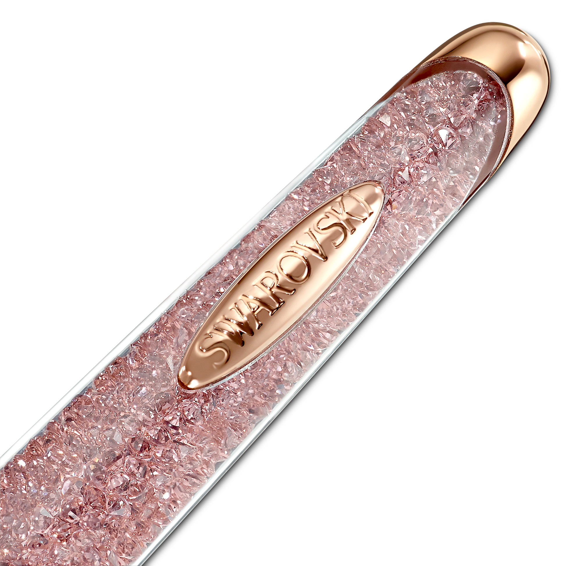 Close-up of the Swarovski Crystalline Nova ballpoint pen tip with a rose gold-tone plated finish, showcasing a band of pink and clear crystals and featuring the Swarovski name engraved on a metal accent. The black background accentuates the luxurious design of this exquisite pen.
