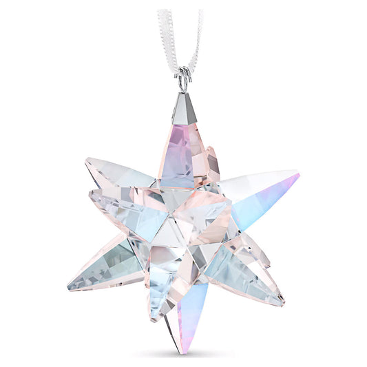 Introducing the Swarovski Star Ornament Home Décor by Swarovski, featuring iridescent hues of pink, blue, and clear tones. This stunning crystal piece hangs from a silver chain, capturing and reflecting light beautifully with a prism-like effect. It's the perfect festive decoration or ornamental addition for any occasion.