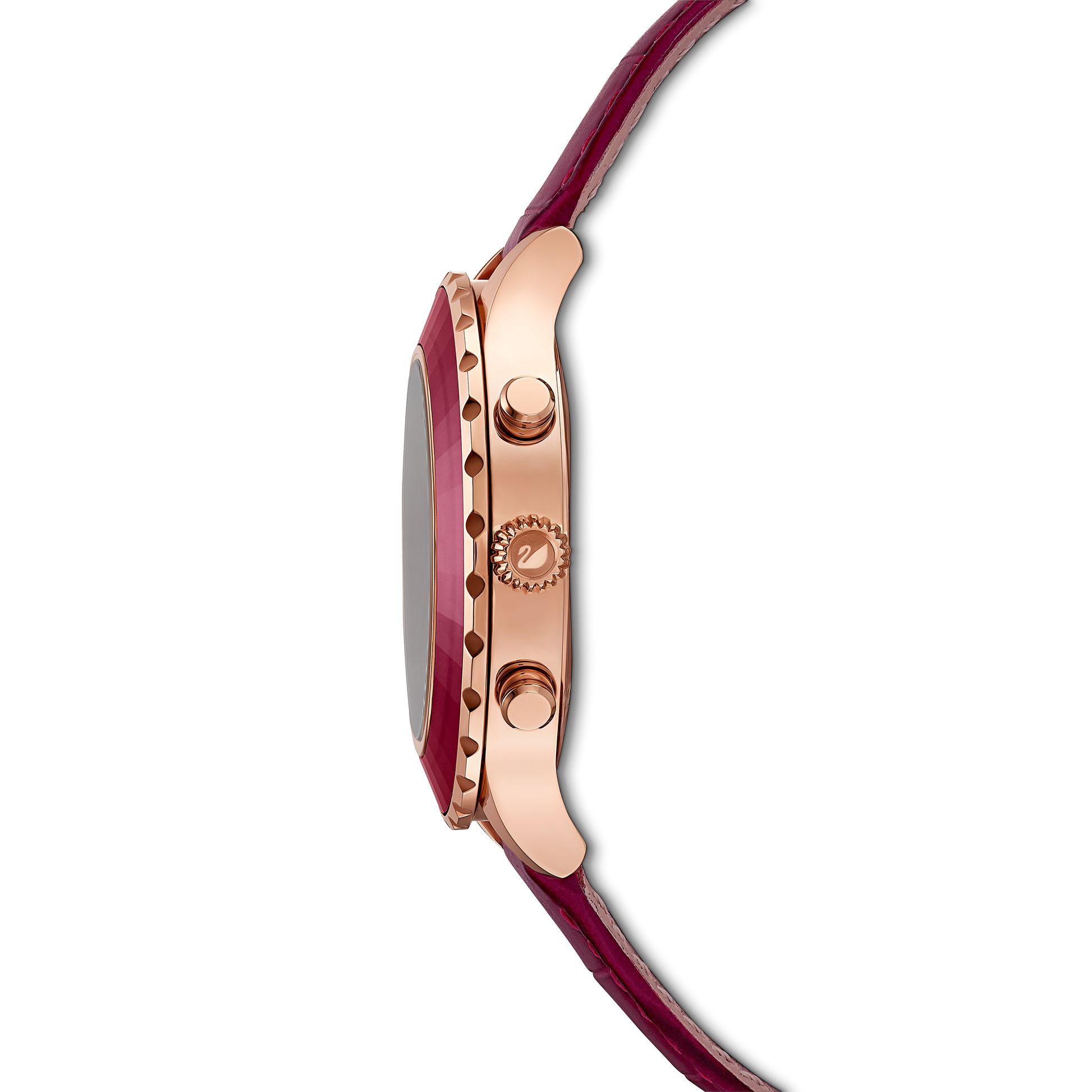 Side view of the Swarovski Octea Lux Chrono watch, showcasing its rose gold-tone finish with a round face, two buttons, and a crown, paired beautifully with a red leather strap. The watch's elegant design stands out against a black background.