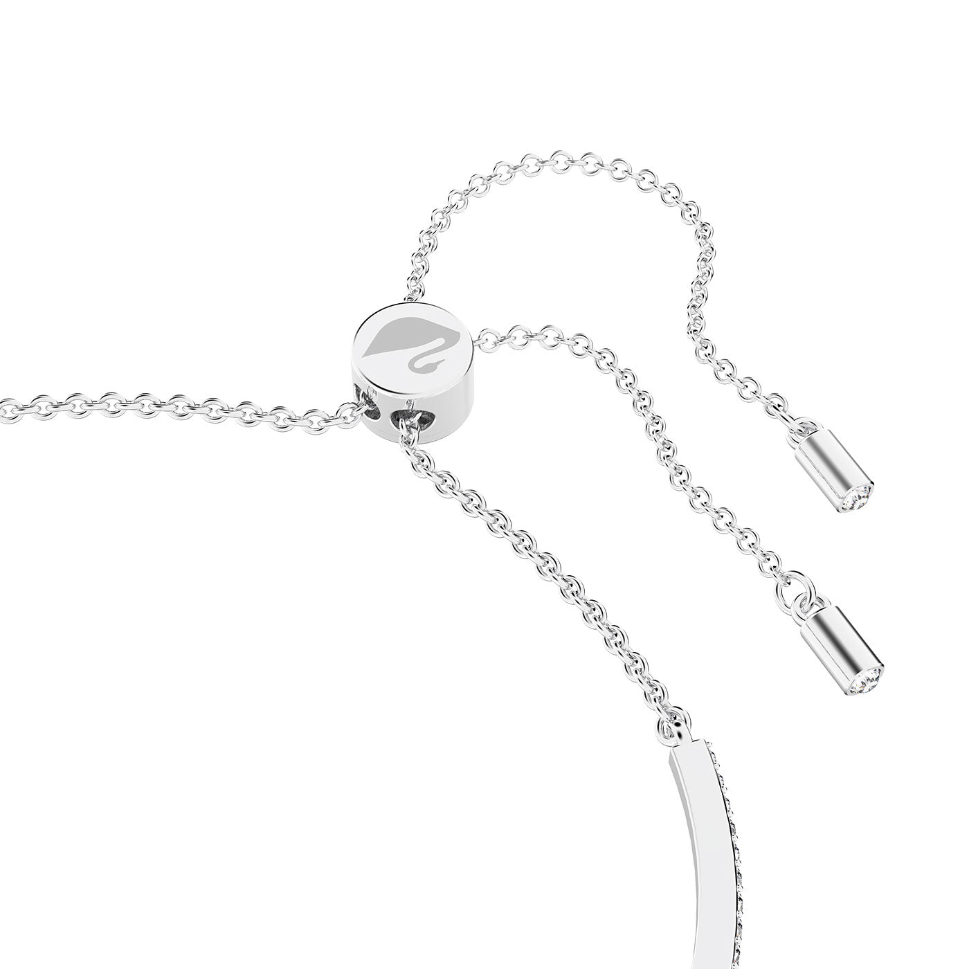 A close-up of the Swarovski Iconic Swan Bangle, featuring a silver sliding closure with two dangling chain ends. The minimalist design enhances its thin and elegant chain against a plain white background, showcasing its sophisticated appeal.