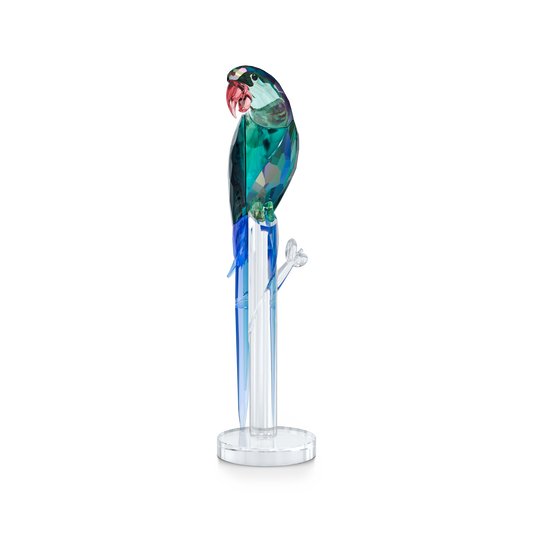 The Swarovski Jungle Beats Green Macaw Banjo Crystal Home Decor is a vibrant creation showcasing a parrot with a green, blue, and pink body perched gracefully on a clear glass stand adorned with intricate branch details. This standout piece, ideal for wildlife enthusiasts, is set against a plain white background.