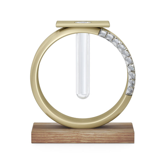 The Swarovski African Sunset Vase Home Décor is a stunning piece by Swarovski, featuring a gold circular frame and an integrated glass tube, adorned with small diamonds on one side. Mounted on a wooden base, this vase is part of the African Sunset collection and exudes elegance with its modern minimalistic design and clear crystal facets.