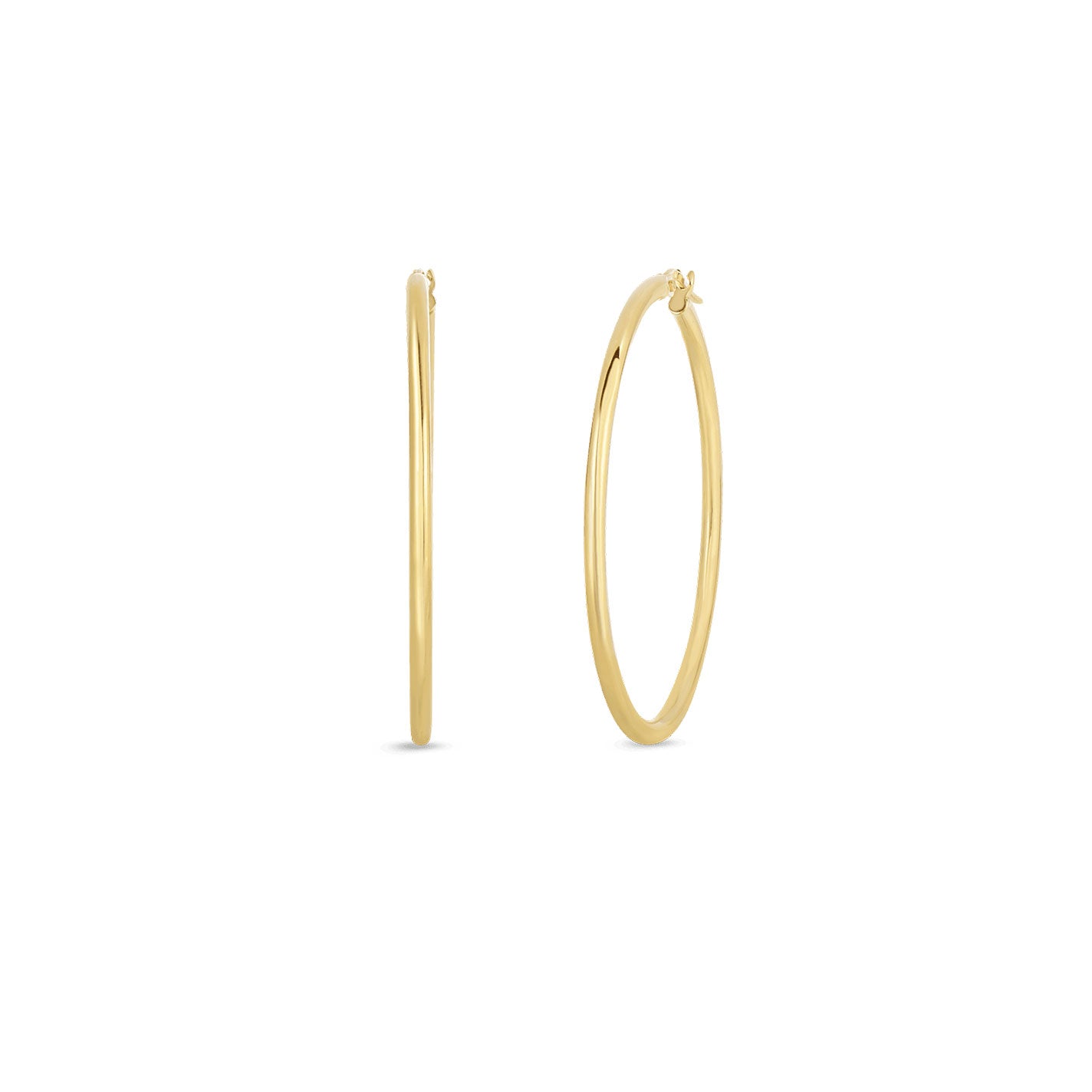 Displayed against a white background are the Roberto Coin Designer 18K Yellow Gold Medium Round Hoop Earrings, with one earring shown side-on and the other head-on, showcasing their circular design and smooth finish elegantly.