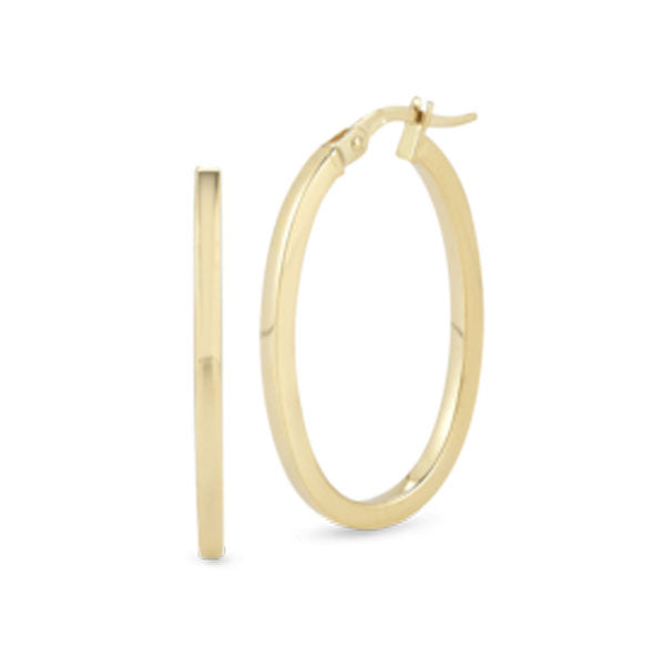 The Roberto Coin 18K Yellow Gold Small Square Edged Oval Hoop Earrings are shown; one displays its 30mm x 20mm oval shape, while the other highlights a slim side profile and secure hoop wire closure.