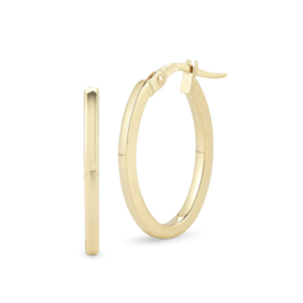 The Roberto Coin Designer Gold The Perfect Hoop 18K Yellow Gold Square Edge Oval Earrings feature a smooth, polished finish and secure post with hoop wire closure. Each measures 25mm x 15mm for an elegant, everyday look.